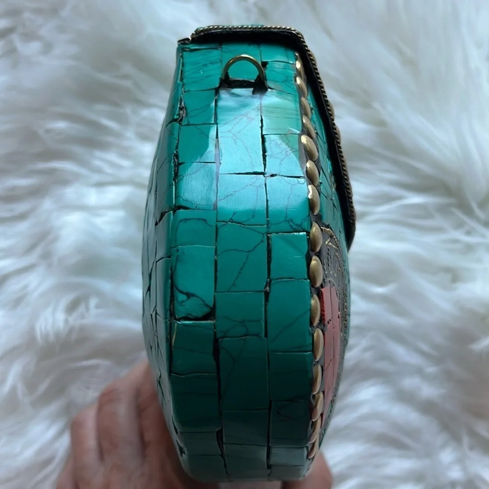 🆕 RAMLA Handmade Moroccan Turquoise Tile Mosaic Clutch Crossbody Bag Gold Chain